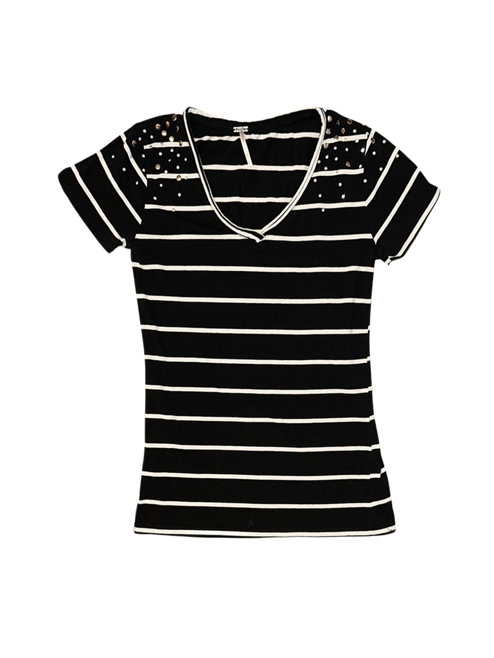 POOF! Women's Black Striped V-Neck Short Sleeve Shirt
